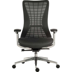 Quantum Executive Mesh Black Frame Home Office Chair. Front on view. and brushed aluminium 5 star base with black wheels.