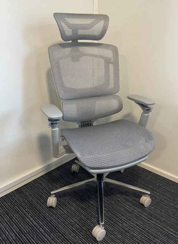 Khan's Ergo Light Grey Mesh High Back Ergonomic Posture Chair With Headrest, Arms & Footrest