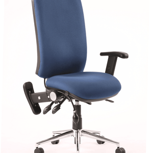 View of the blue fabric coloured foam cushioned seat and backrest for extra comfort with armrest. one armrest adjustable to move  for easy acess to the office desk .