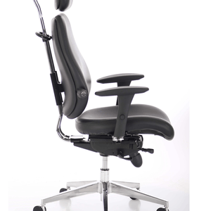 Side view of the black leather foam padded seat and backrest with dual  chrome  curved support posts , adjustable headrest to ensure best fit, with polished 5 star base.