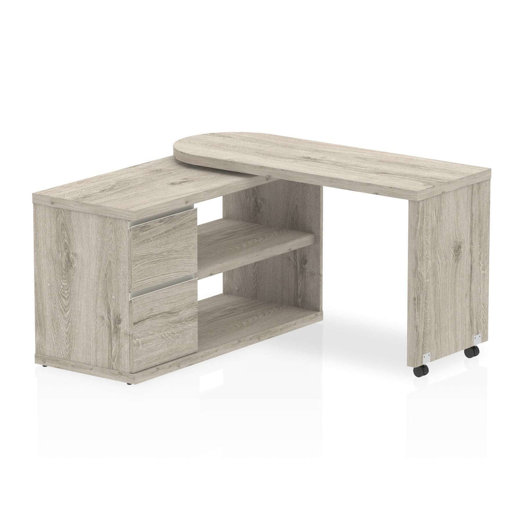 Showing what the grey oak fleur desk would look like at the differnt angle with the drawers and 2 fixed shelves being on the left instead of the right.on black castor wheels.