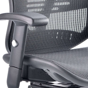 Close up of the adjustable armrest with mesh sprung back and sprung cushioned seat.