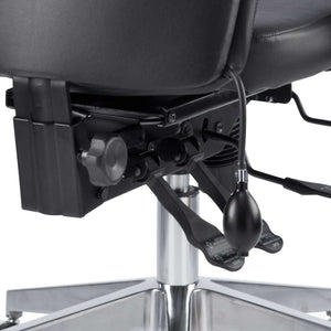 close up of the pump up lumbar support and triple lever multi-funtion mechanism.