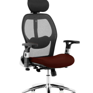 Showing the sanderson ii mesh backed with contoured headrest with Ginseng chilli coloured fabric cushioned seat , with chrome 5 star base , with castor wheels.