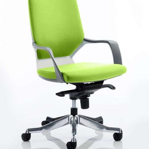 Picture of the Myrrh Green coloured fabric foam seat amd backrest , with fixed armrests , and brushed aluminium 5 star  base , with castor wheels.