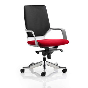 Picture of the xenon executive medium back home office chair , with black fabric foam backrest and Bergamot cherry coloured fabric foam seat ,with fixed armrests and brushed aluminium 5 star base , with castor wheels.