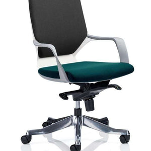 Picture of the xenon medium back home office chair with black fabric foam backrest with Maringa Teal  fabric coloured foam seat pad . with brushed aluminium 5 star base , with castor wheels.
