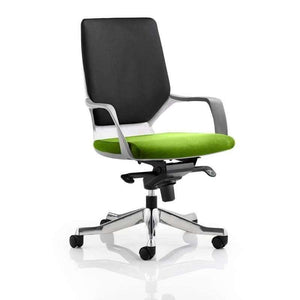 Picture of the xenon medium back executive home office chair with black fabric foam backrest , with Myrrh Green coloured fabric foam seat pad . with fixed armrests, and  brushed aluminium 5 star base , with castor wheels.