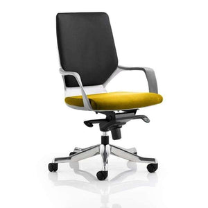 Picture of the xenon medium back executive home office chair in black fabric foam backrest with senna yellow coloured fabric foam seat pad . with fixed armresst and brushed aluminium 5 star base , with castor wheels/