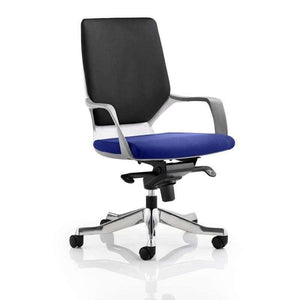 Picture of the xenon executive medium back home office chair with black fabric foam backrest , with stevia blue coloured fabric foam seat pad , with fixed armrestsand brushed aluminium 5 star base , with castor wheels.