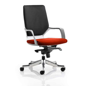 Picture of the xenon medium back executive home office chair in black fabric foam backrest ,with Tabasco orange coloured fabric foam seat pad . with fixed armrests and brushed aluminium 5 star base, with castor wheels.