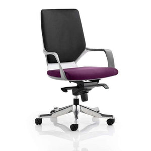 Picture of the Tansy Purple coloured fabric foam seat pad with black fabric foam backrest , with fixed armrest and brushed alumonium 5 star base of the xenon executive medium back home office chair.